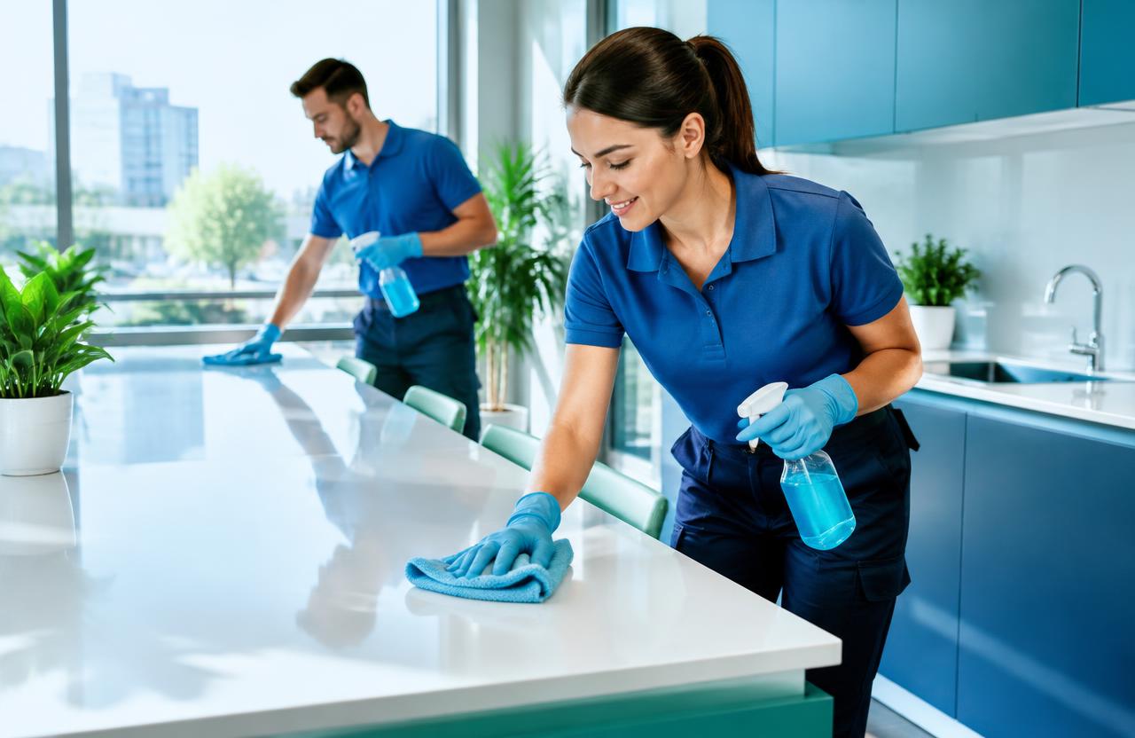 Two cleaning professionals wiping down a bright office kitchen