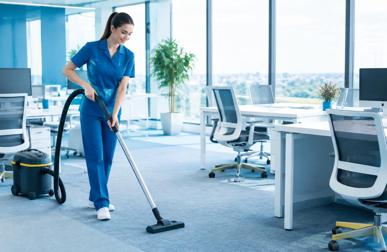 Cleaner vacuuming a bright open-plan office