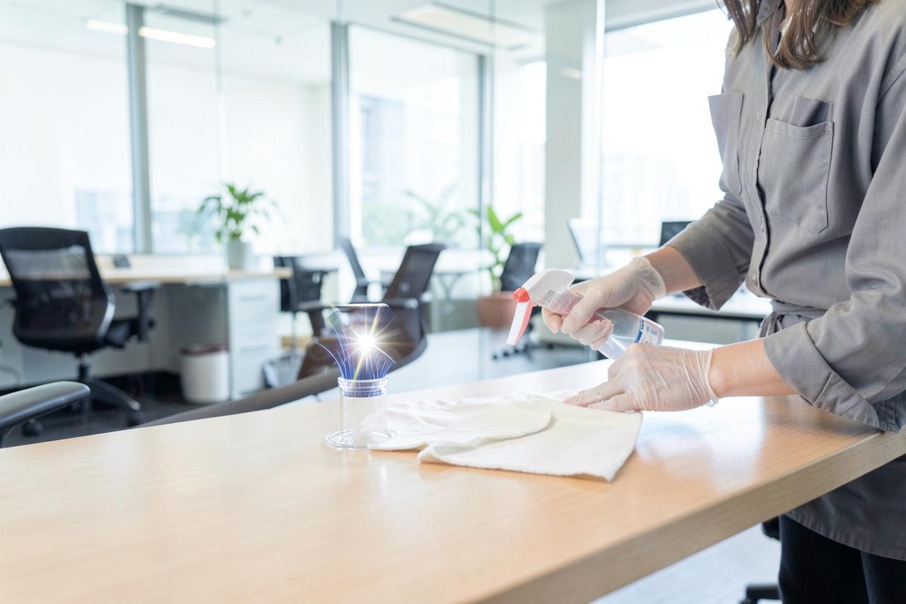 Cleaning professional sanitising a desk surface in a modern office