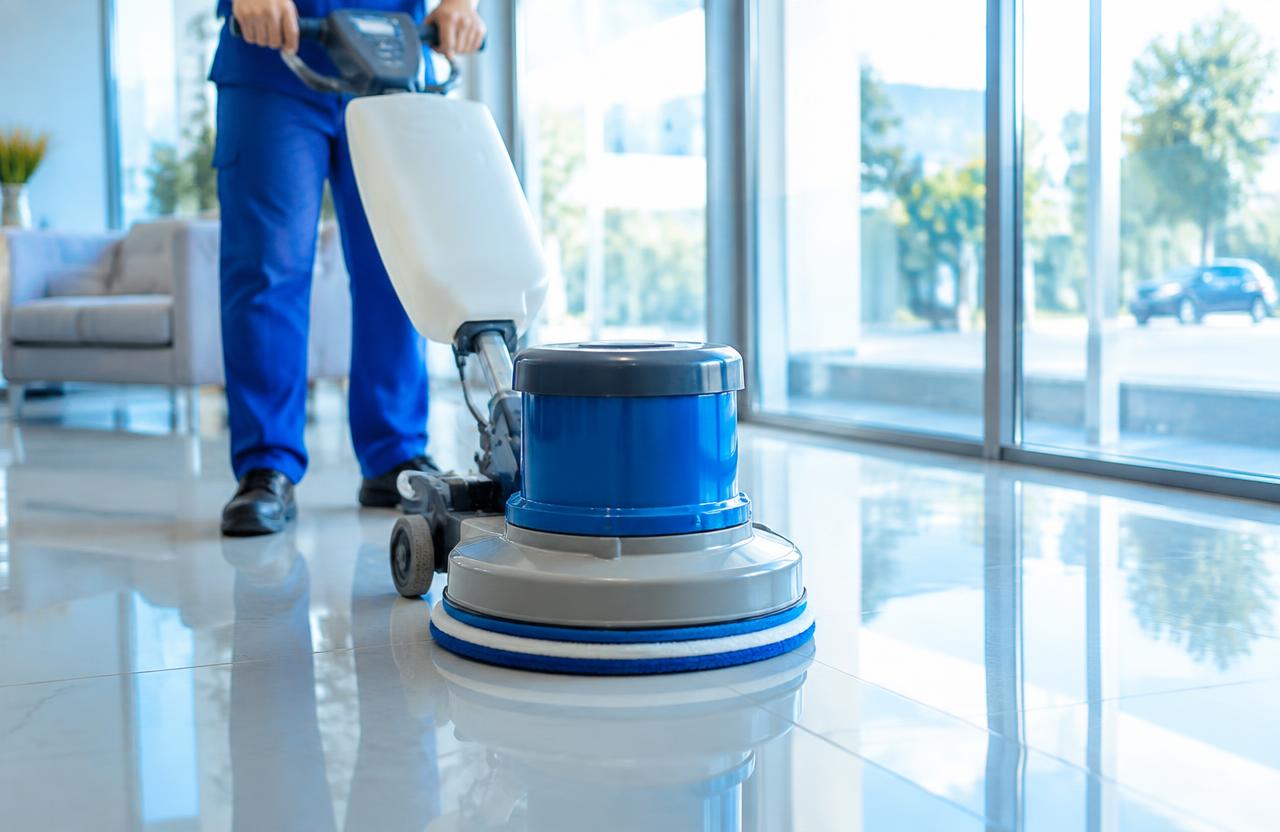 Floor polishing machine buffing a gleaming tile floor