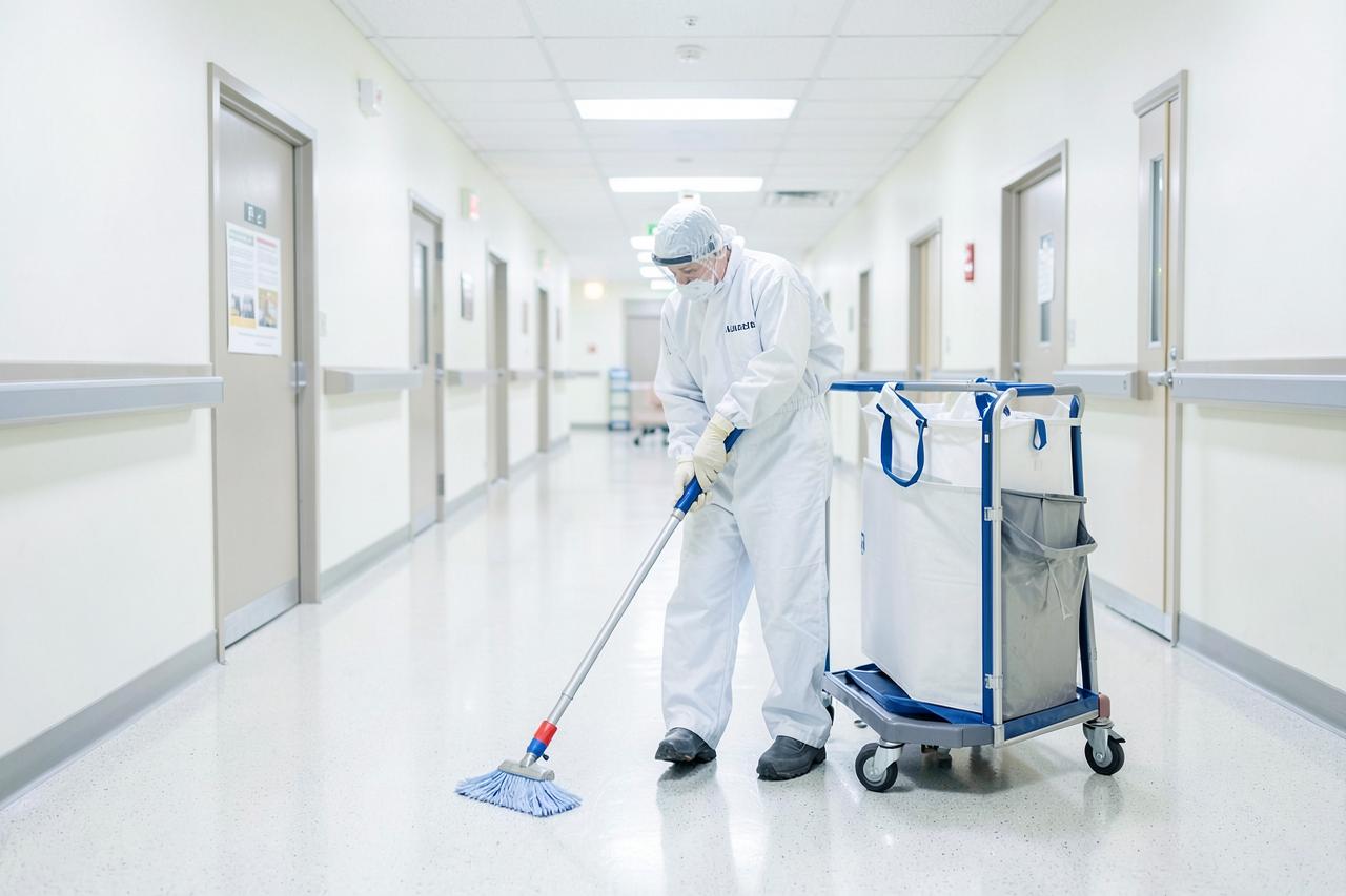 Cleaning professional mopping the floor of a hospital corridor with a cleaning trolley