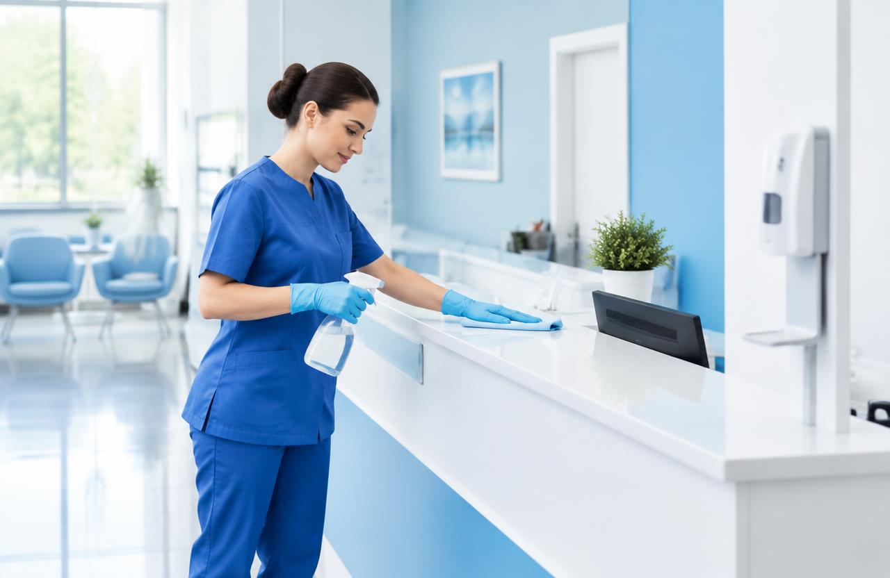 Cleaning professional disinfecting a medical clinic reception counter