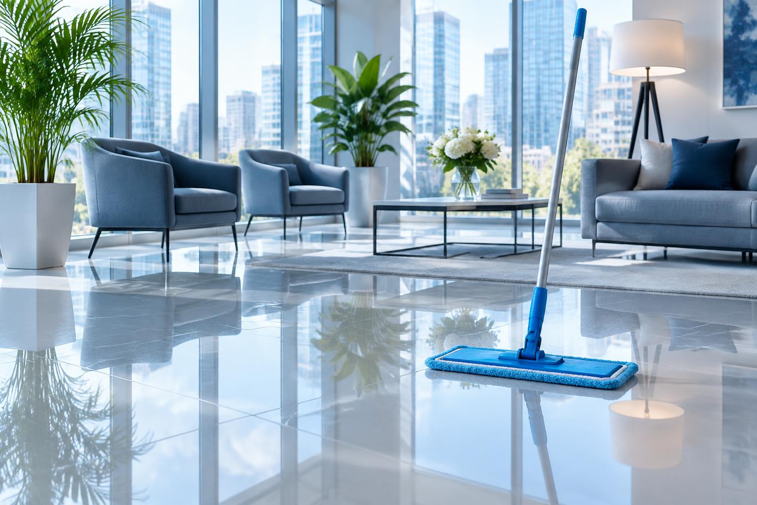 Dust 2 Dust cleaning team polishing the floor of a bright office lobby