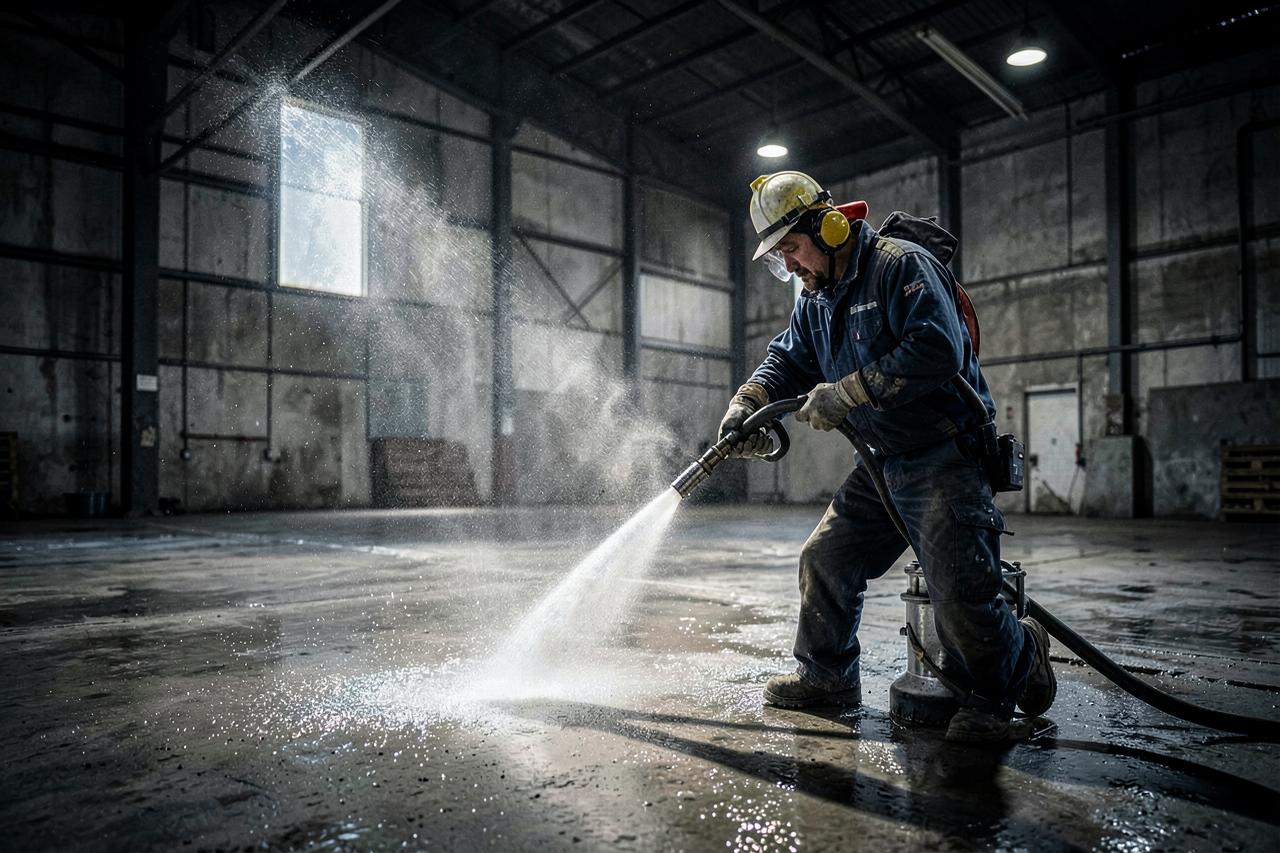 Worker pressure cleaning a concrete warehouse floor