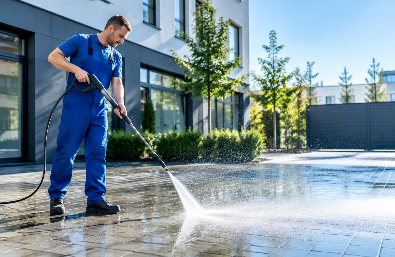 Operator pressure washing an outdoor paved area