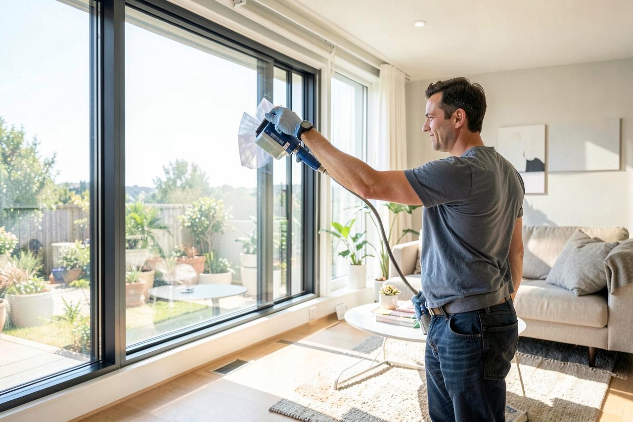 Cleaner wiping a large window in a bright residential living room